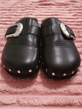 Madden Girl Black Slip-On Clogs with Buckle and Stud Detail